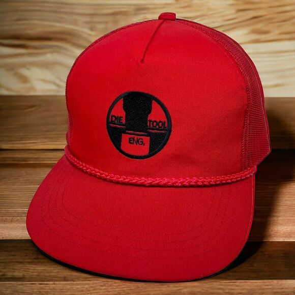 VTG Die Tool Engineer Trucker Hat Red Snapback Cap Yupoong Mesh Embroidered 90s - Picture 1 of 13